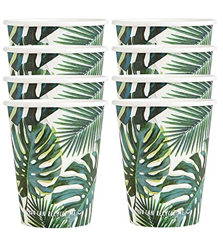 Talking Tables Talking Tables Set van 8 Groenboekbekers (250 ml / 9oz) met tropische palmbladeren, Home Recyclebaar, Benodigdheden voor verjaardagsfeestje, Hawaiiaans thema, 7.5 x 7.5 x 16.5 cm