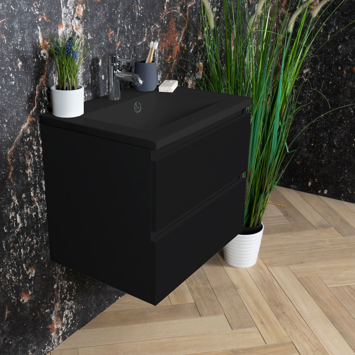 Boss & Wessing Paris 60 cm Badmeubel Mat Zwart Wastafel Compleet Mat Zwart (1 Kraangat)