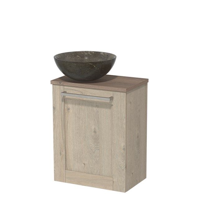 Maxaro Toiletmeubel met Waskom Natuursteen Modulo Lichtgrijs Eiken Kader 41 cm Middenbruin Eiken Blad