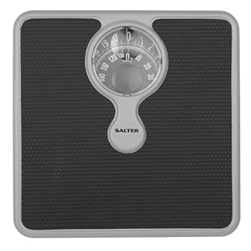 Salter 484 SBFEU16 Magnifying Lens Mechanical Bathroom Scale, 133 kg Max Capacity, Compact Stylish Monochrome Design, Easy to Read Dial, No Batteries, Weighs in Kg, st and lbs, Silver/Black