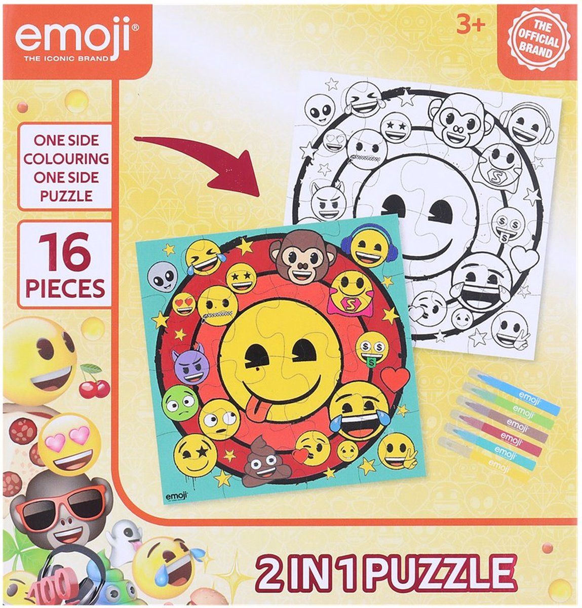 Emoji puzzel emoij 2 in 1 puzzel plus 6 stiften 25 cm x 25 cm 16 stukjes