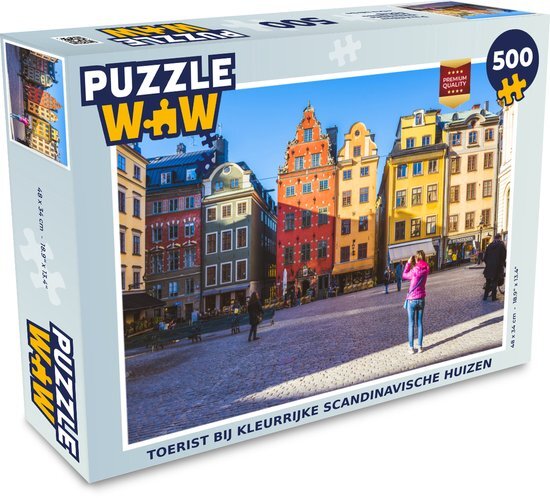 MuchoWow Puzzel Toerist bij Kleurrijke Scandinavische huizen - Legpuzzel - Puzzel 500 stukjes