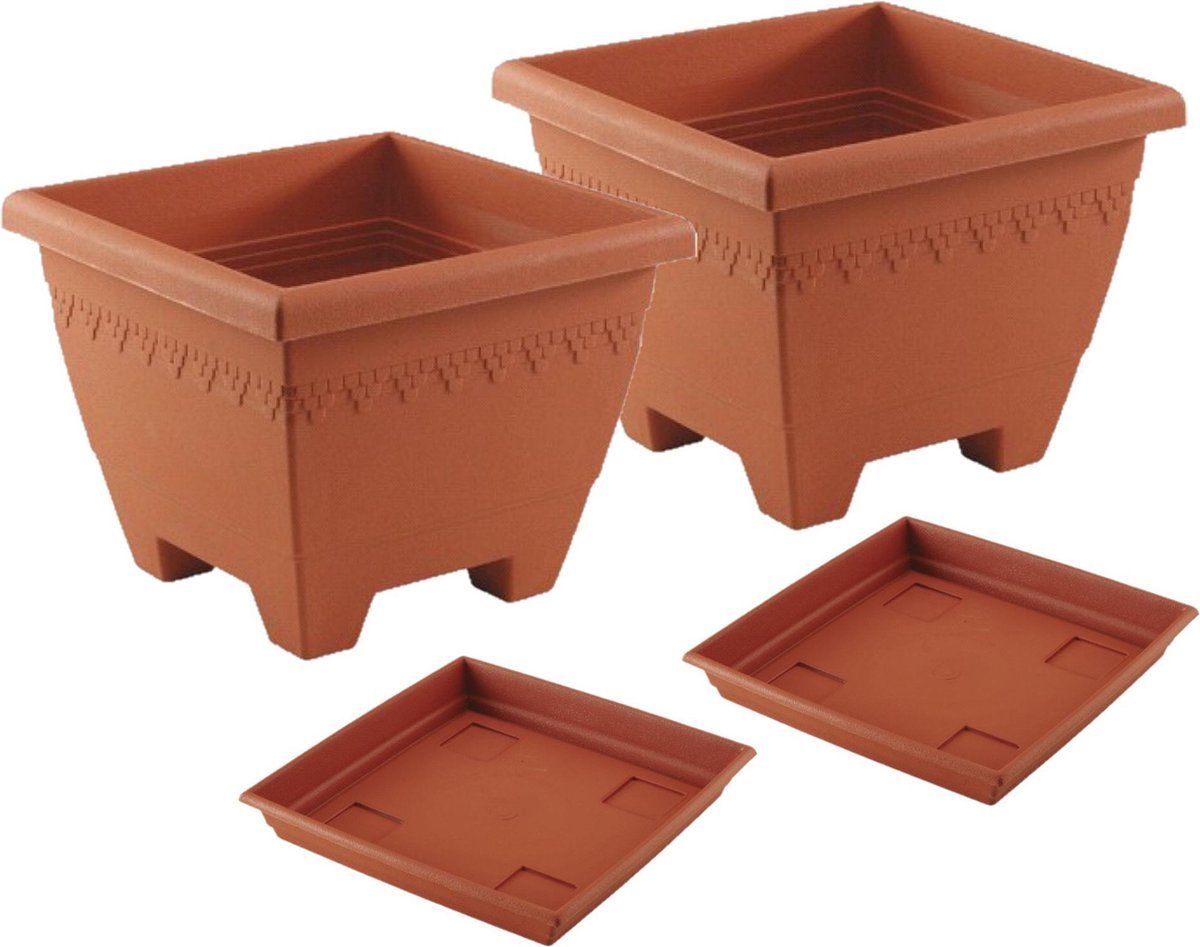 Hega hogar 4x vierkante plantenbakken 30x30x23cm terra cotta met schaal