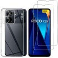 Phonillico® Case for Xiaomi Poco C65 and 2 Tempered Glass Screen Protectors