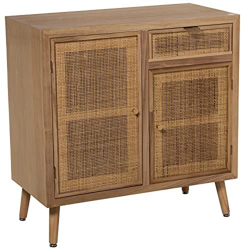 DRW Entree tafel met 2 deuren en 1 lade van MDF en rotan in naturel, 80 x 40 x 81 cm, hoogte 16 cm