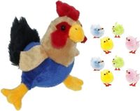 Decoris Pluche kippen/hanen knuffel van 20 cm met 8x stuks mini gekleurde kuikentjes 3 cm - Paas/pasen decoratie