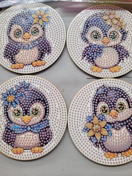 Diamond Painting Onderzetters Baby Pinguïns - 4 Stuks - Rond - Wit/Blauw Mix
