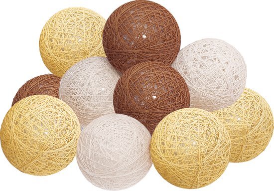 Atmosphera LED Feestverlichting Land balletjes bruin / beige / geel - Lichtslingers katoen - Cotton ball - 10 Ballen - Dia 6 cm - Guirlande