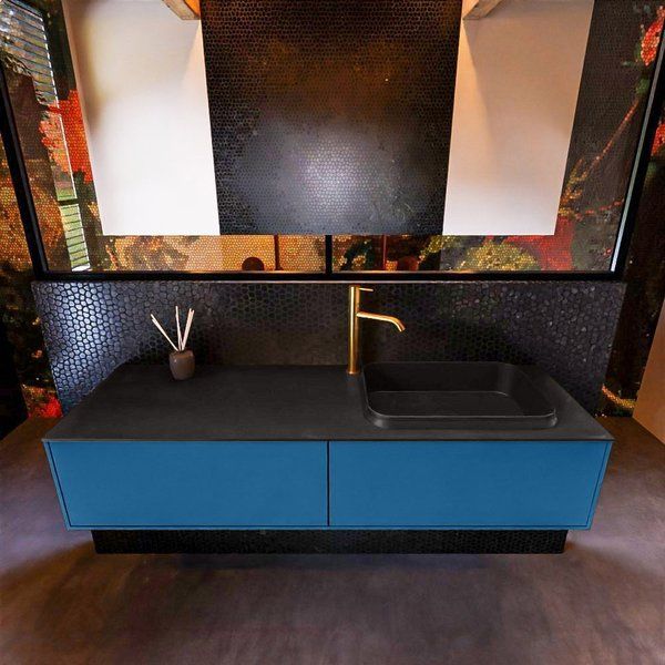 Mondiaz ERIN 150cm badmeubelset onderkast Jeans met 2 lades + Wastafel RIDGE rechts 1 kraangat Urban ERIN11149