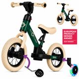 Kidcruiser Loopfiets 2+ jaar - Optioneel met LED Zijwieltjes & Trappers - 3-in-1 Kinderfiets - 12 inch – Donker Groen & Creme wit – Modulair Design - Driewieler loopfiets 3 jaar