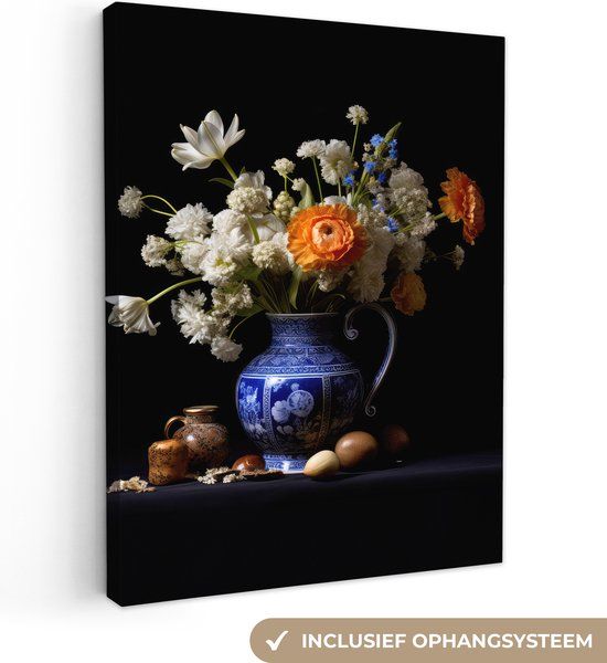 OneMillionCanvasses Canvas schilderij 120x160 cm - Bloemen - Delfts blauw - Stilleven - Hollands - Muurdecoratie