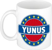 Bellatio Decorations - Yunus voornaam - koffiemok - beker - wit/blauw - 300 ml - Cadeau - Heren - Collega - Vaderdag - Verjaardag