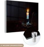 MuchoWow® Glasschilderij 120x90 cm - Acrylglas schilderij - Kaars op houten tafel - Multicolor - Modern
