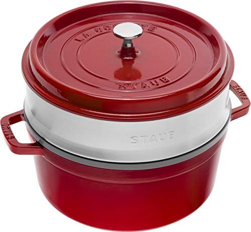 Staub Gietijzeren braadpan/cocotte met stoominzet, rond, 26 cm, 5,2 l, matzwarte emaillering aan de binnenzijde, kersenrood