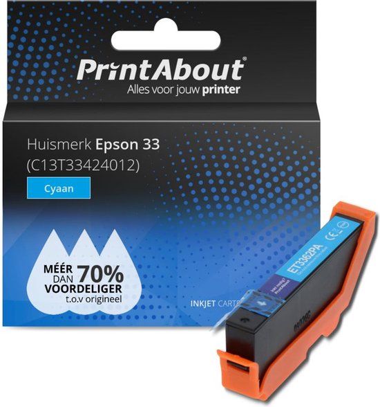 PrintAbout Epson 33 (C13T33424012) Huismerk Inktcartridge Cyaan