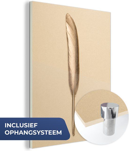 MuchoWow® Glass Painting 30x40 cm - Acrylic Glass Painting - Gold Feather on Gold Background - Photo on Glass - Paintings