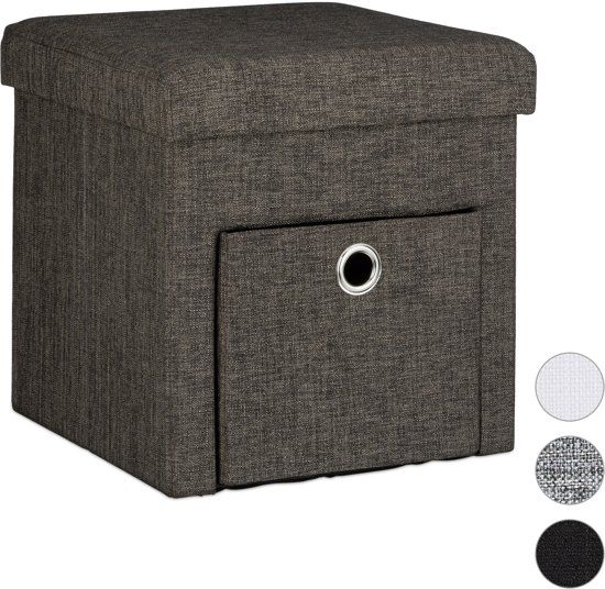 Relaxdays Opvouwbare Poef met Opslag - Linnen Hocker Opbergbox Krukje Lade - Grijs