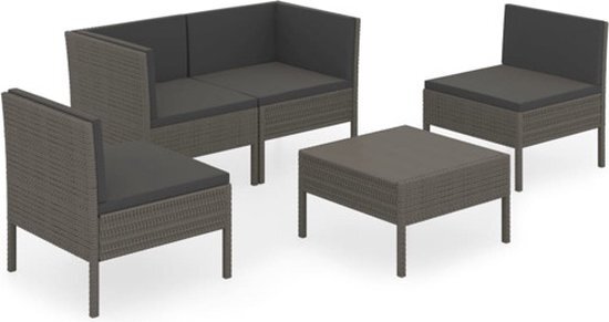 vidaXL 5-delige Loungeset met kussens poly rattan grijs