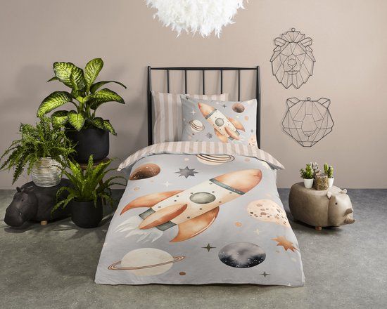 Good Morning Dekbedovertrek Raket in Ruimte - 140x200/220 cm - Grijs - 100% Katoen