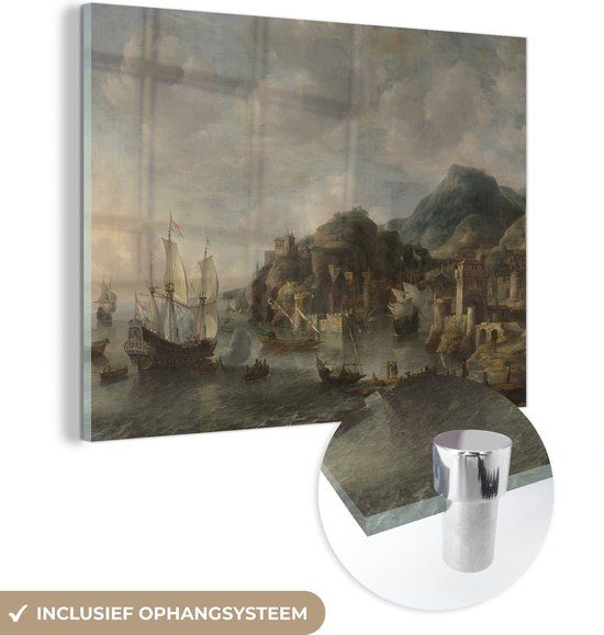 MuchoWow® Glasschilderij 120x90 cm - Hollandse schepen in een vreemde haven - Schilderij van Abraham Beerstraten - Foto op glas