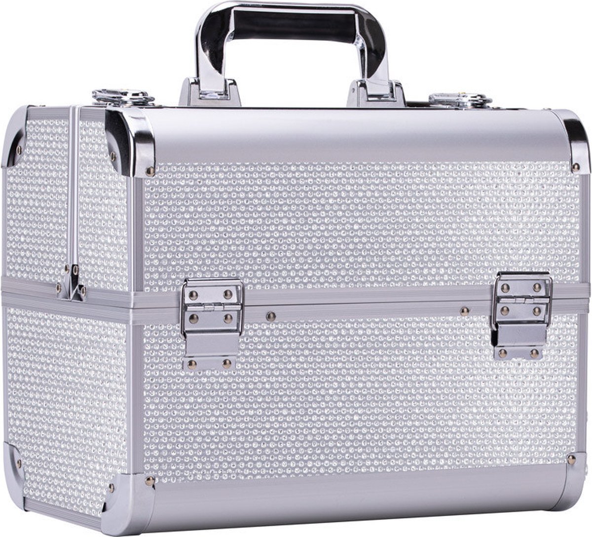 MEGA BEAUTY SHOP Koffer met stras zilver met opbergvakken-Beautycase-Nagelstyliste koffer-Make up koffer- Beauty koffer