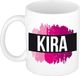 Bellatio Decorations Kira naam cadeau koffie mok - beker - met roze verfstrepen - 300 ml - wit