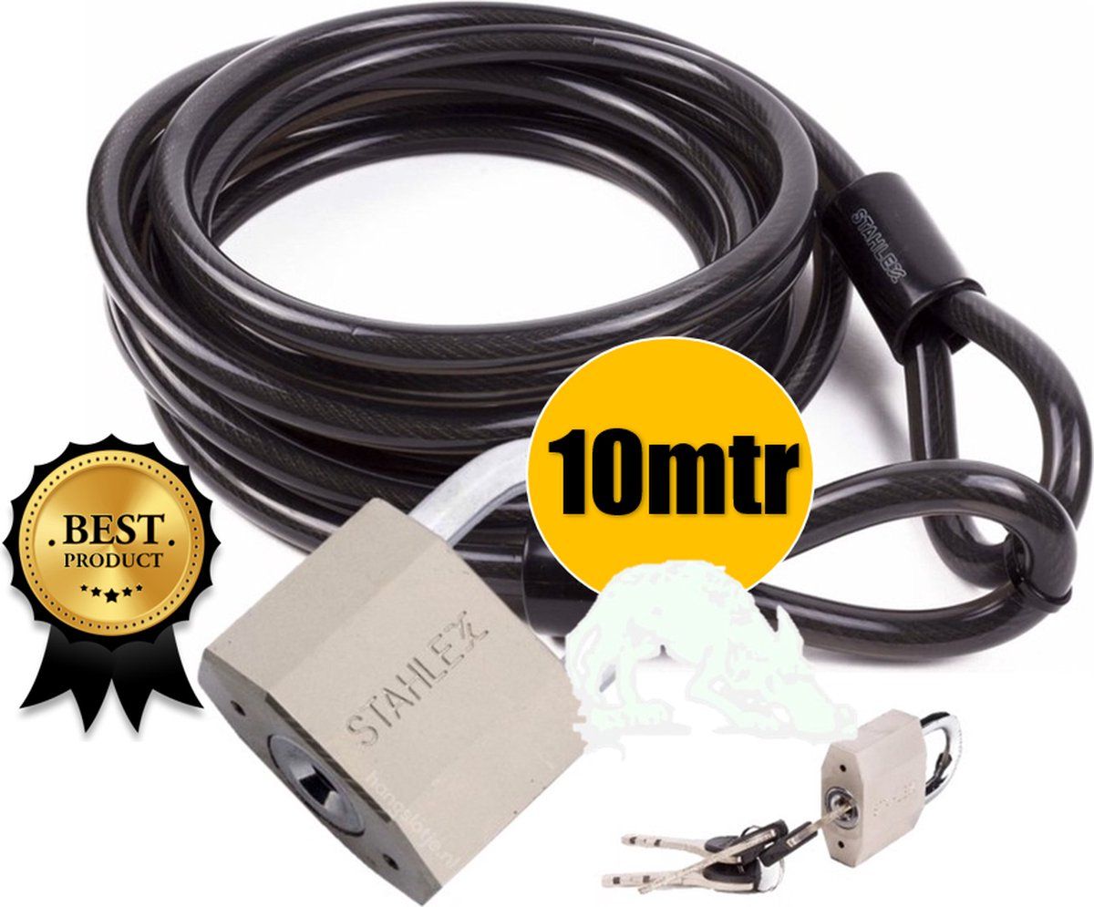 Stahlex De Snuffelaar® Kabelslot - 10 Meter - 8MM Staalkabel - Hangslot 40 mm - Zwart