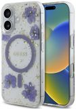 Guess Resin Flowers - iPhone 16 Hoesje - MagSafe - Fiolet - Glitter - Bloemen