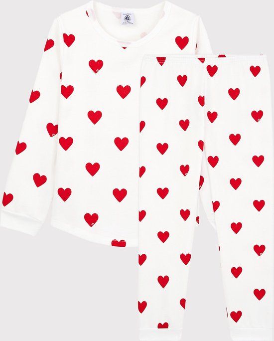 Petit Bateau Kinderpyjama Meisjes - Ribtricot met Hartjesprint - Wit/Rood - Maat 110