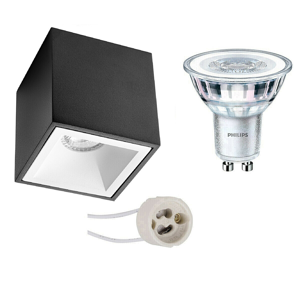 BES LED Opbouwspot Set - Pragmi Cliron Pro - GU10 Fitting - Opbouw Vierkant - Mat Zwart/Wit - Verdiept - 90mm - Philips - CorePro 827 36D - 4W - Warm Wit 2700K - Dimbaar