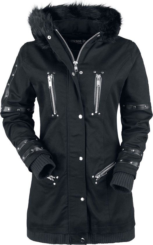Gothicana by EMP Gothicana Zwarte winterjas met nepbont kraag en decoratieve klinknagels - Dames - 3XL