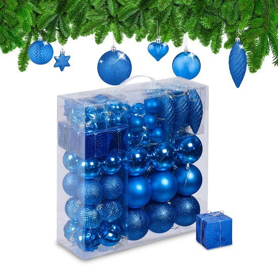 Relaxdays Kerstballen, set van 110, kunststof, onbreekbaar, blauw