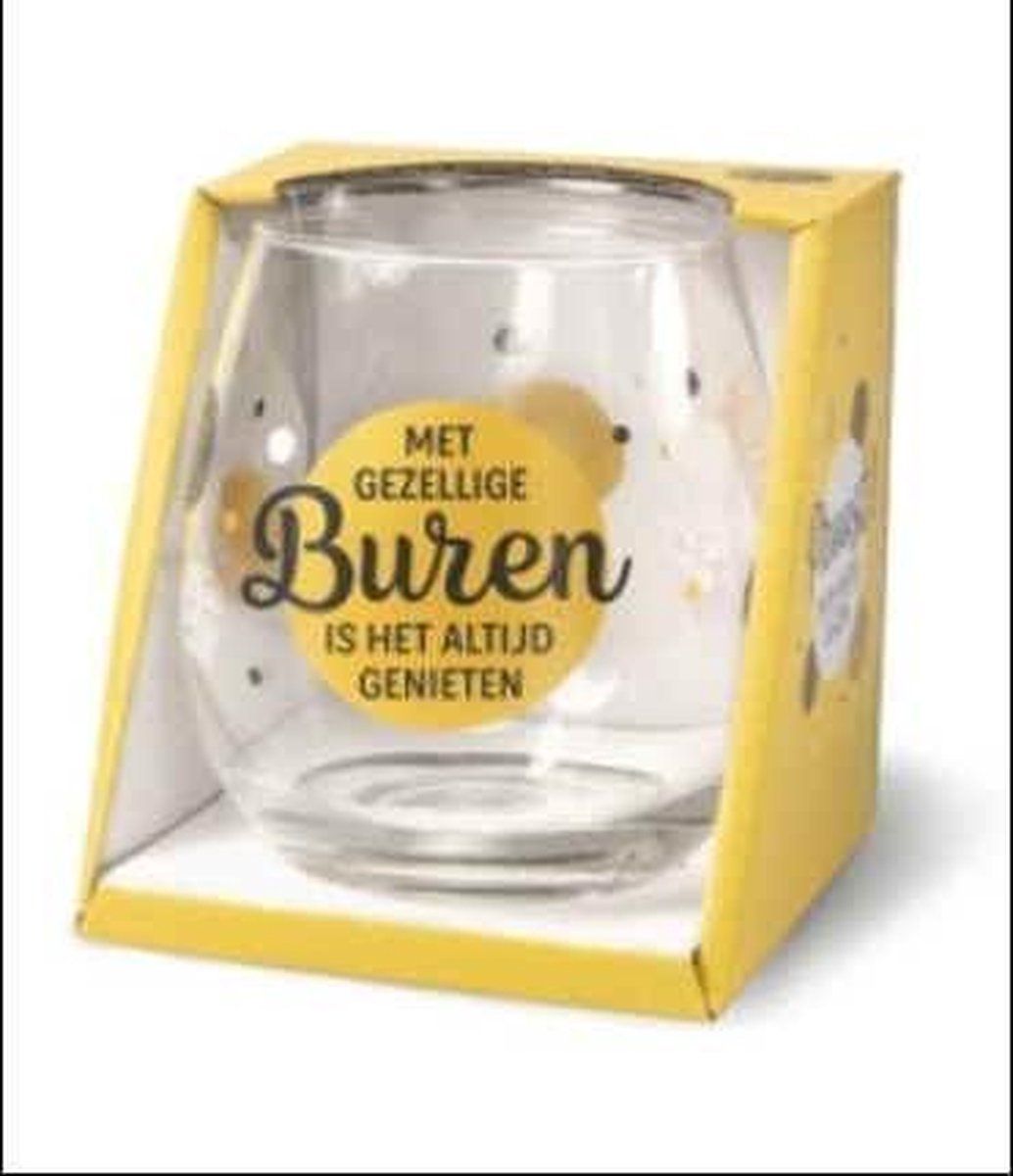 Snoepkado.com Wijnglas - Waterglas - Met gezellige buren is het altijd genieten - In cadeauverpakking met gekleurd lint