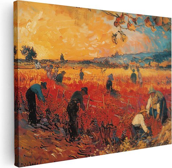 Artaza Canvas Schilderij Mensen Plukken Druiven in een Veld - 80x60 cm - Canvas Print