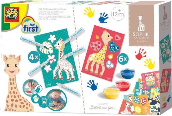 SES - Sophie la Girafe - 2-in-1 Kleuren en verven - Vingerverf en Babymarkers - Knutselkaarten - 1+ jaar