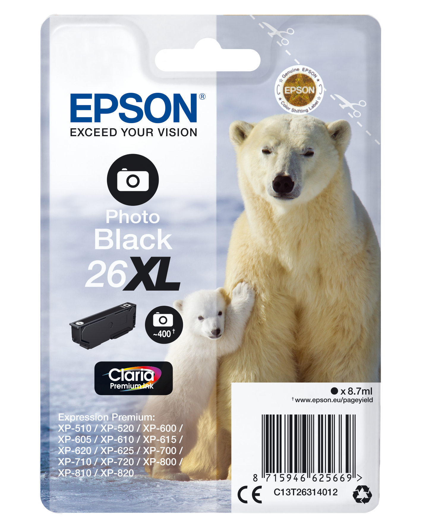 Epson Polar bear Singlepack Photo Black 26XL Claria Premium Ink single pack / foto zwart