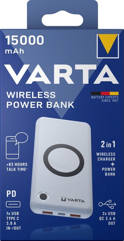 Varta 15000 mAh Powerbank - Draadloos Opladen - Wit