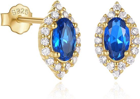 Elenza AMS Elenza Goudkleurige Oorbellen met Blauwe Zirkonia en Diamantdetails