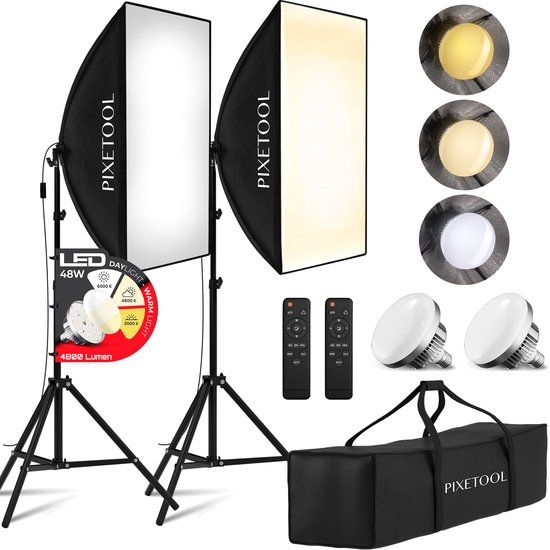 Pixetool Softbox fotostudio set 50 x 70cm - 2 Softbox studiolampen LED lampen 4800 Lumen 3000-6000K - 2m verstelbaar statief x2