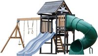AXI Cody Speeltoestel met Schommels, Trapeze en Klimwand – Pastel Blauwe Dubbele Glijbaan – Met Buisglijbaan - Met Picknickbank - FSC 100% hout – Speeltoren voor de tuin / buiten