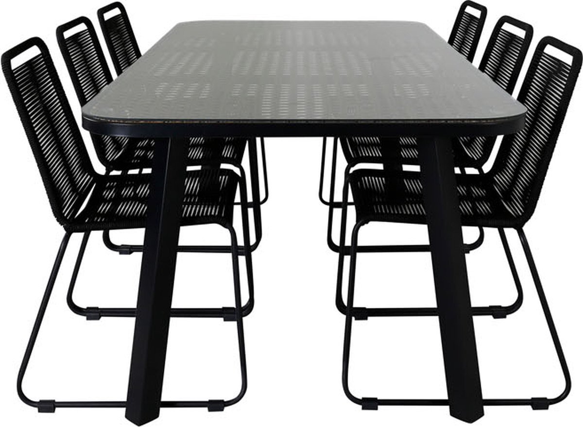 Hioshop Paola tuinmeubelset tafel 100x200cm en 6 stoel stapelS Lindos zwart, naturel.
