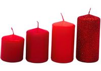 Adventskaarsen, stompkaarsen, adventskranskaarsen, tafelkaarsen, blokkaarsen, tafelkaars in adventrood en rood-glitter, levering 4 stuks, getrapt van L/B/H 5 x 5 x 5 cm tot 5 x 5 cm (l x b x h) 5 x 5