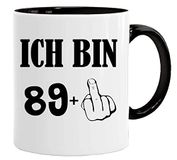 Mok voor verjaardag met grappige spreuk en kater met stinkvinger, 'Ich Bin 89+, mok/mok als grappig cadeau, grappig en origineel geschenk, theekoffiemok, incl. geschenkdoos
