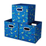 HSDT 3 kubus opbergbakken blauw 10,5 x 10,5 x 11 inch opvouwbare dinosaurus kustprint stof halve opbergmanden voor thuis organisatoren opberglade, QY-SC13-3