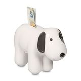 Relaxdays spaarpot hond, spaardoos voor munten & briefgeld, met grote opening, HBD 12 x 21 x 9 cm, keramiek, zwart-wit
