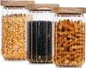 Unyqoos® Set van 3 voorraadpotten (700 ml) – Stapelbare, luchtdichte glazen containers met houten deksel en decoratief patroon, ideaal voor het opbergen van spullen in de keuken