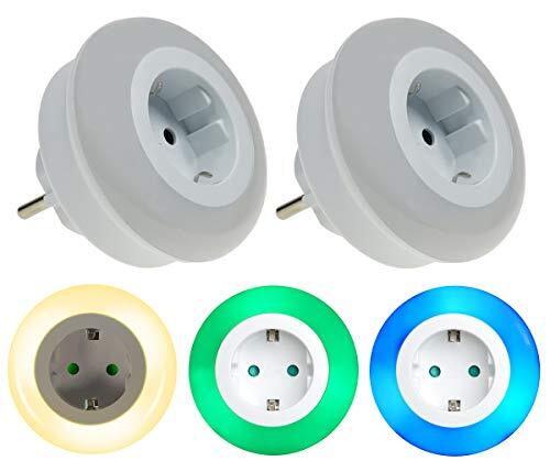 Trango Set van 2 11-253 LED-nachtlampjes met stopcontact oriëntatielicht, nachtlamp incl. helderheids- schemeringssensor & aanraakschakelaar voor drie LED-kleurinstelling warmwit-blauw-groen veiligheidslicht
