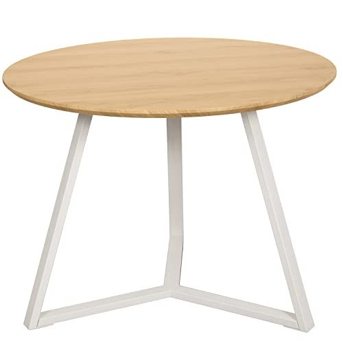 DRW Ronde eettafel van natuurlijk hout en metaal, in natuur en wit, 120 x 75 x 3 cm