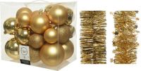 Kerstversiering boules de Noël en plastique 6-8-10 cm avec guirlandes en aluminium doré de 28x pièces - Décoration de sapin de Noël