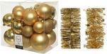 Kerstversiering boules de Noël en plastique 6-8-10 cm avec guirlandes en aluminium doré de 28x pièces - Décoration de sapin de Noël